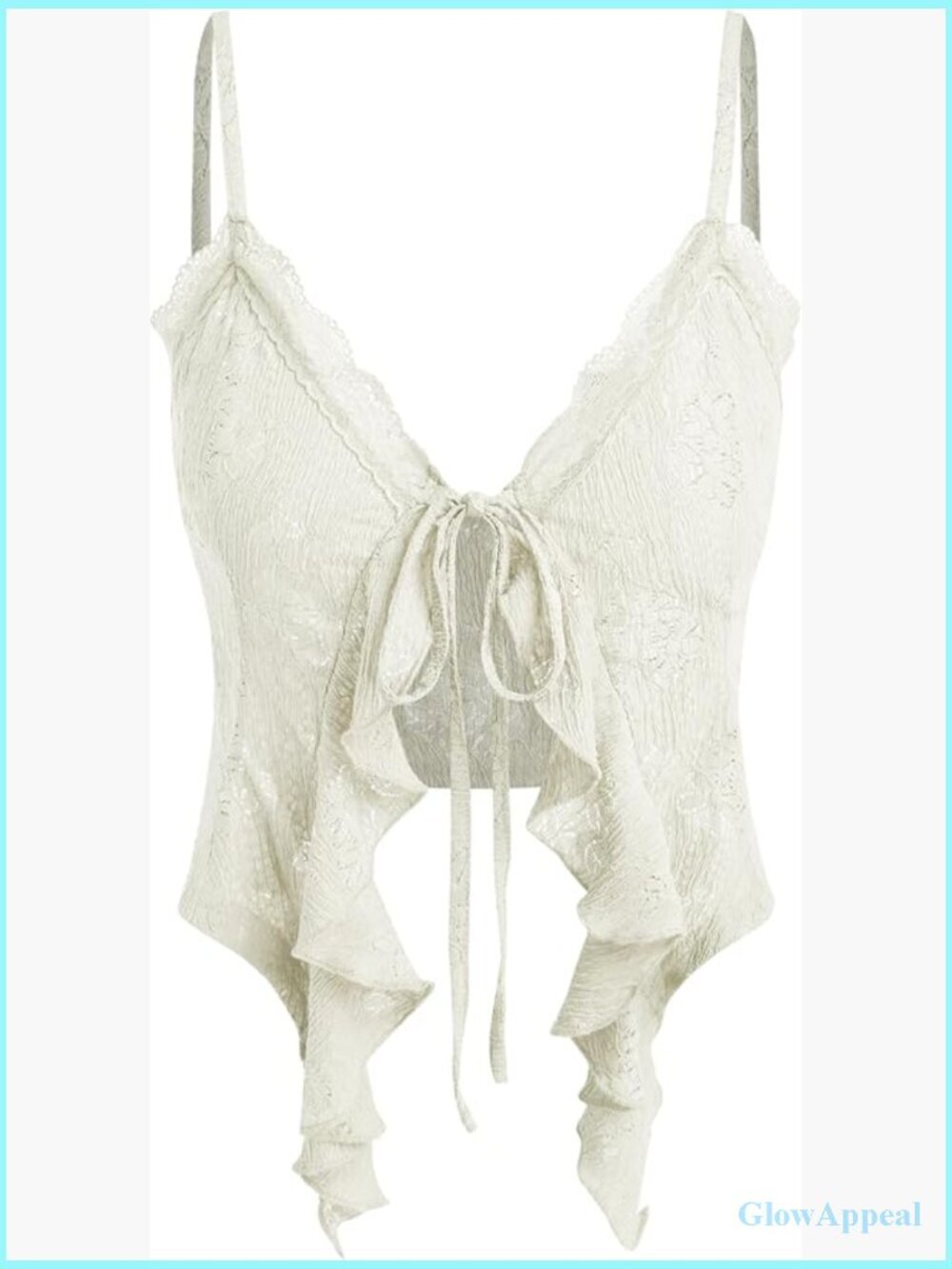 Y2K Tie Front Asymmetrical Ruffle Hem Lace Crop Top